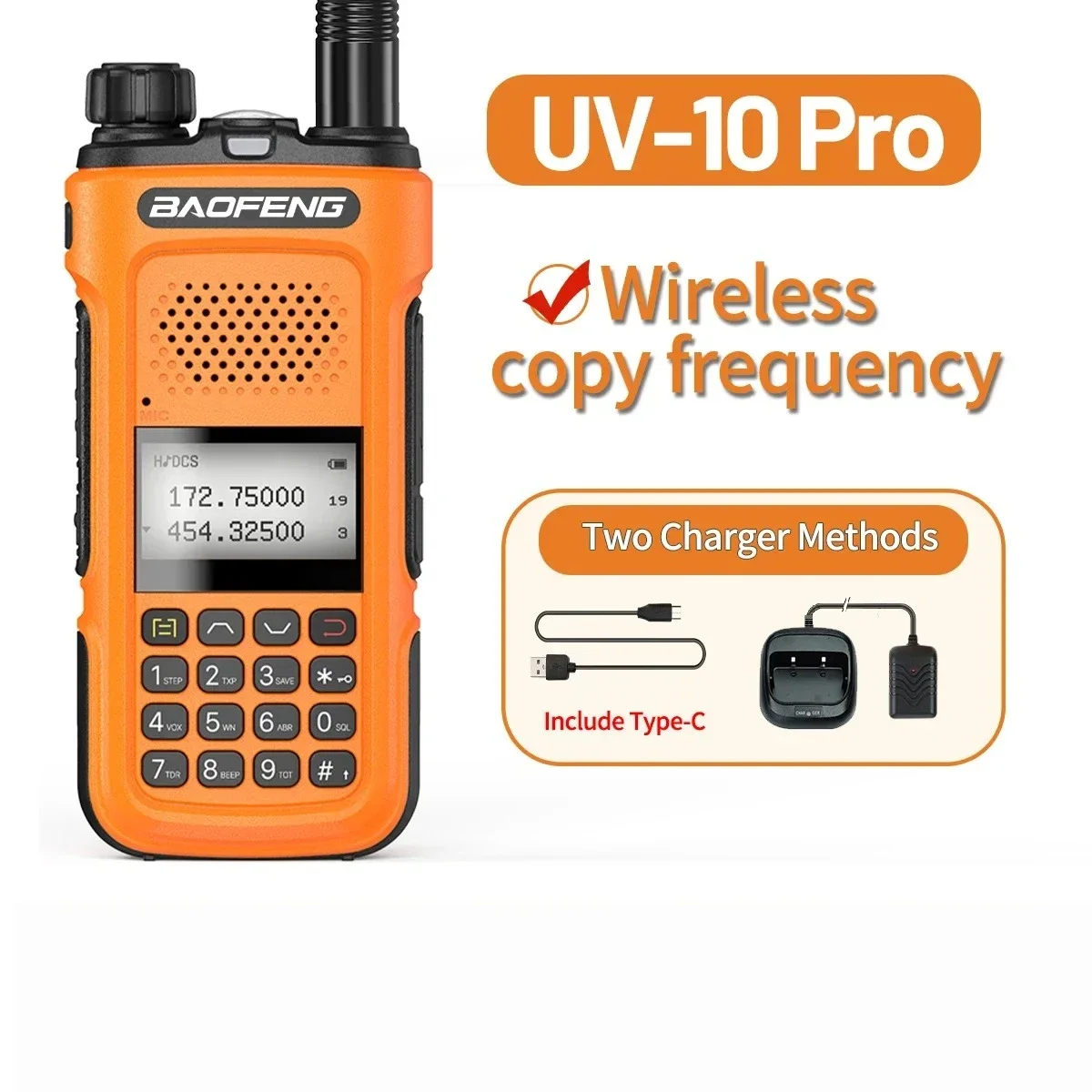 Baofeng UV-10 Pro Walkie Talkie 10 Вт Беспроводная частота копирования Двухдиапазонная УКВ УВЧ Тип-C Переносна CB Ham Двусторонняя радиостанция дальнего действия