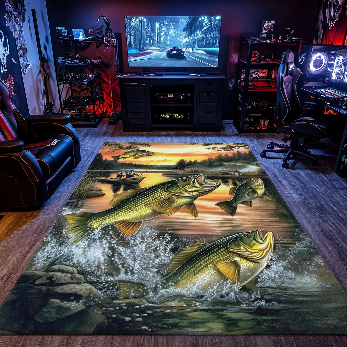 

Fishing Scene Bass Fish River Sunset Rug Crystal Velvet Game Room Carpet Outdoor Adventure Theme Nature Inspired Home Decor
