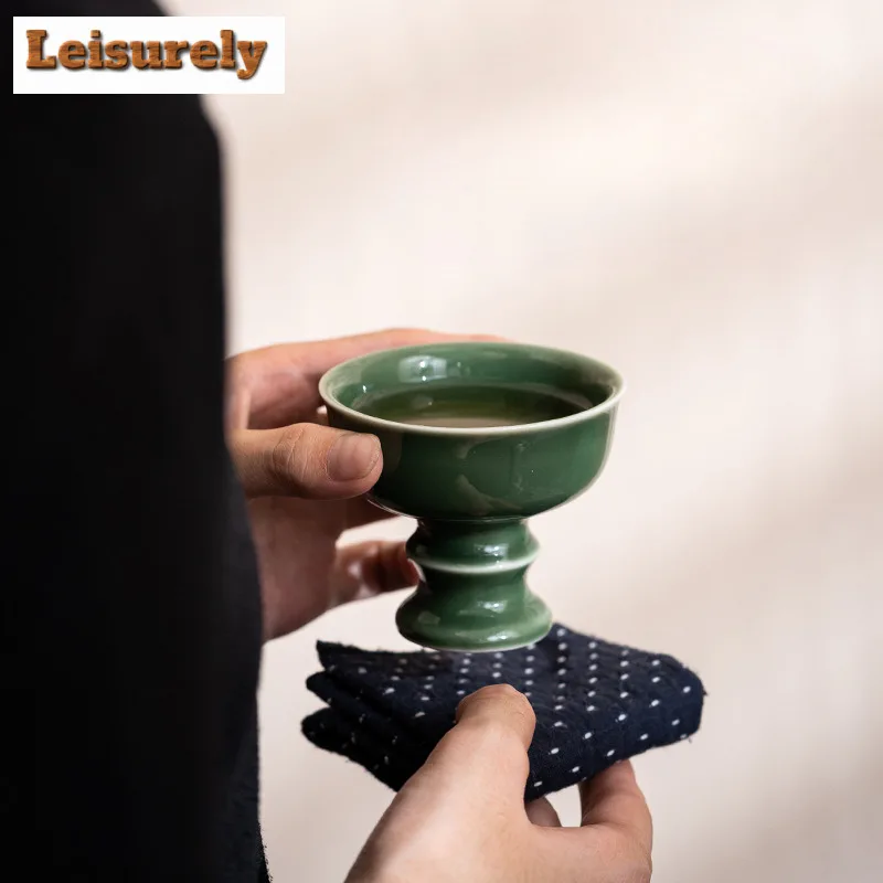 Handmade Ice Gray Green Glass Ceramic Teacup Imitation Song Dynasty High Foot Tea Cup Personal Master Cup Home Kung Fu Teawre