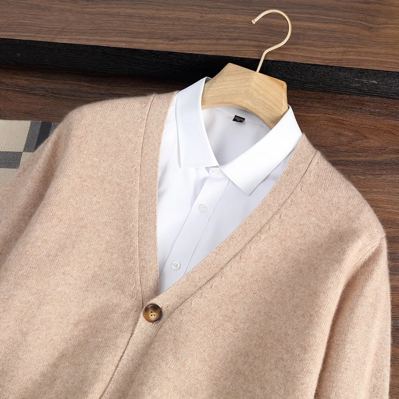 

SoftCash 100% Cashmere Autumn Winter Men's Simple Solid Color Versatile Casual Loose Button V-Neck Cardigan Knitwear Warm Coat