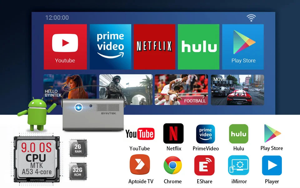 

BYINTEK R17 Pro HD 4K Real 3D DLP Projector With Android 9.0 WiFi LED Smart Portable Proyector BT5.0 Airplay With Battery