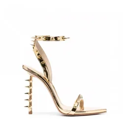 2024 Women's Summer New Thin High Heel Riveted Sandals Fashion Sexy Banquet Party Women's Open Teeth Large Sandals Black Gold
