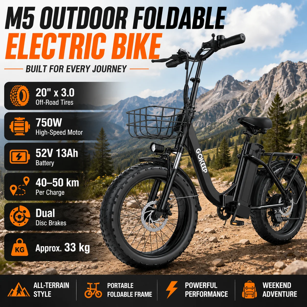 

20 Inch Foldable Fat Tire Electric Bike 750W High Speed Motor 52V 13Ah Lithium Battery Shimano 7 Speed Dual Disc Brakes