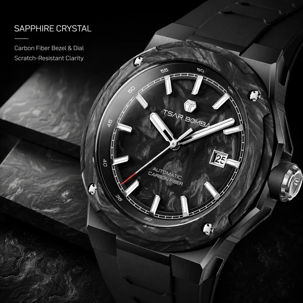 TSAR BOMBA Men's Automatic Watch Miyota Sapphire Carbon Bezel 316L Steel FKM Strap 100M Waterproof Luminous Folding Clasp Gift