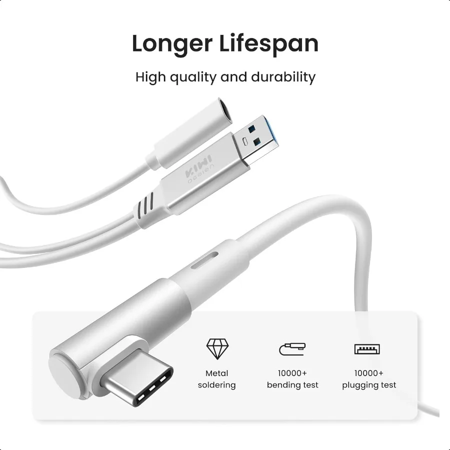 كابل ربط بتصميم KIWI مع شحن بطول 16 قدم متوافق مع Meta Quest 3S 3 2 Pro Pico 4 Accories والكمبيوتر SteamVR USB 3.0 إلى USB C