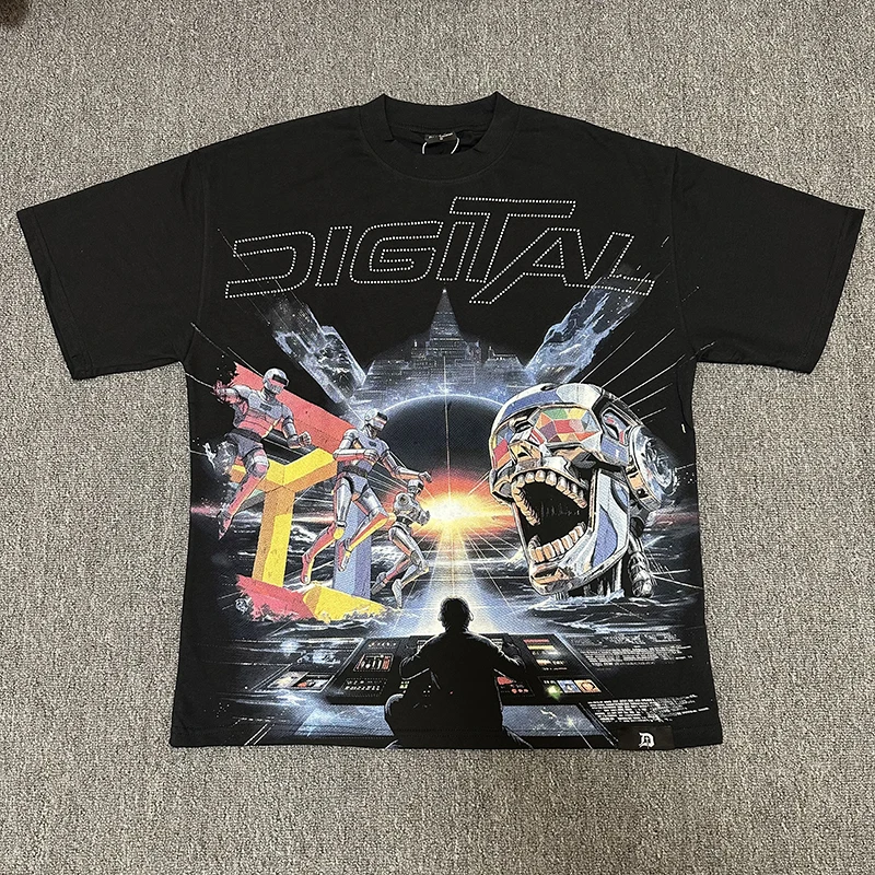 2026 New Arrival DIGITAL Men Vintage Tee Cyber Robot Futuristic City Sunset Print Loose Short Sleeve Cotton Top