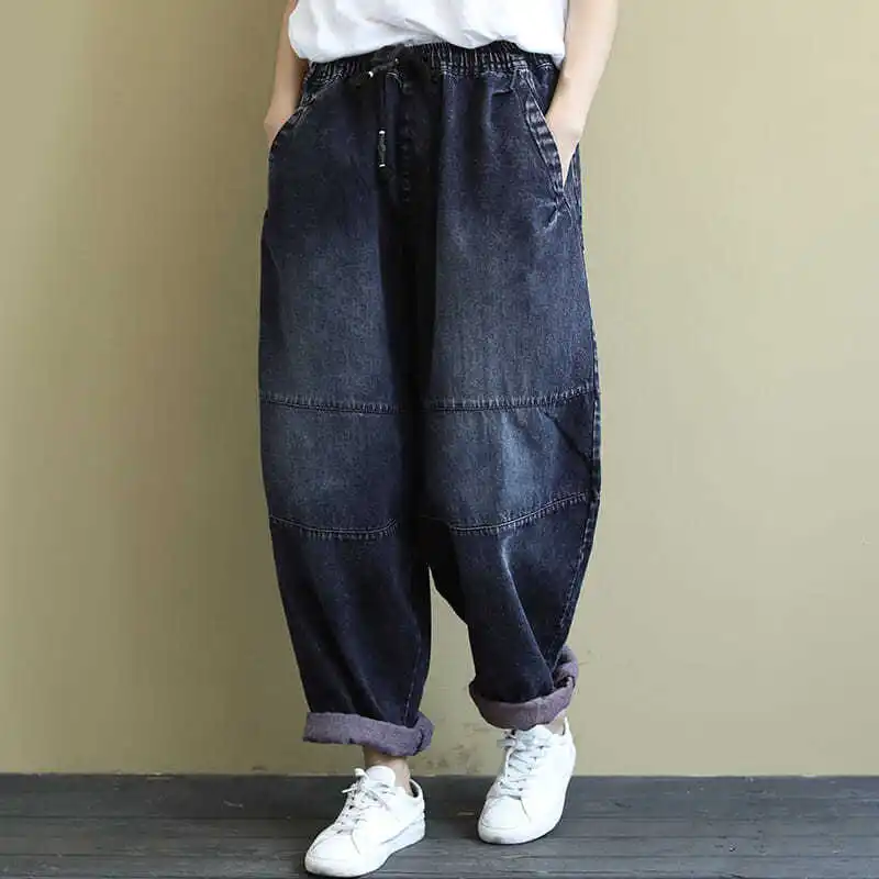 

Художественные джинсовые брюки свободного кроя в стиле ретро с девятью зубцами, белые джинсовые брюки с завязками, брюки Харлан с высокой талией, глубокий цвет, осенний новый Sle