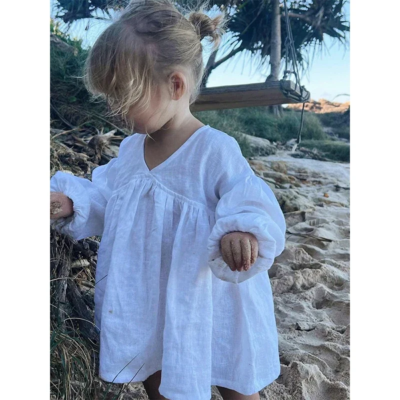 Girls White Linen V-neck Long-Sleeved Dress 2024 Spring And Summer New Baby Girl Mori Beach Cotton Linen Casual Loose Dresses