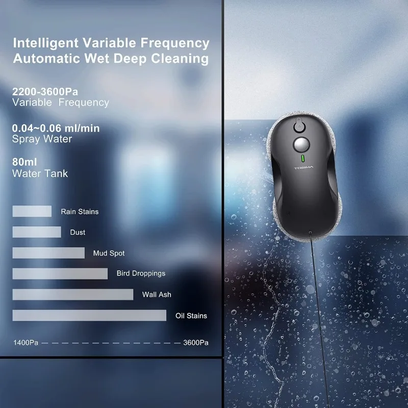 Tosima W3 창 청소 로봇 - 삼중 안전 시스템, 스마트 내비게이션을 갖춘 이중 방향 자동 스프레이 스마트 창 청소기