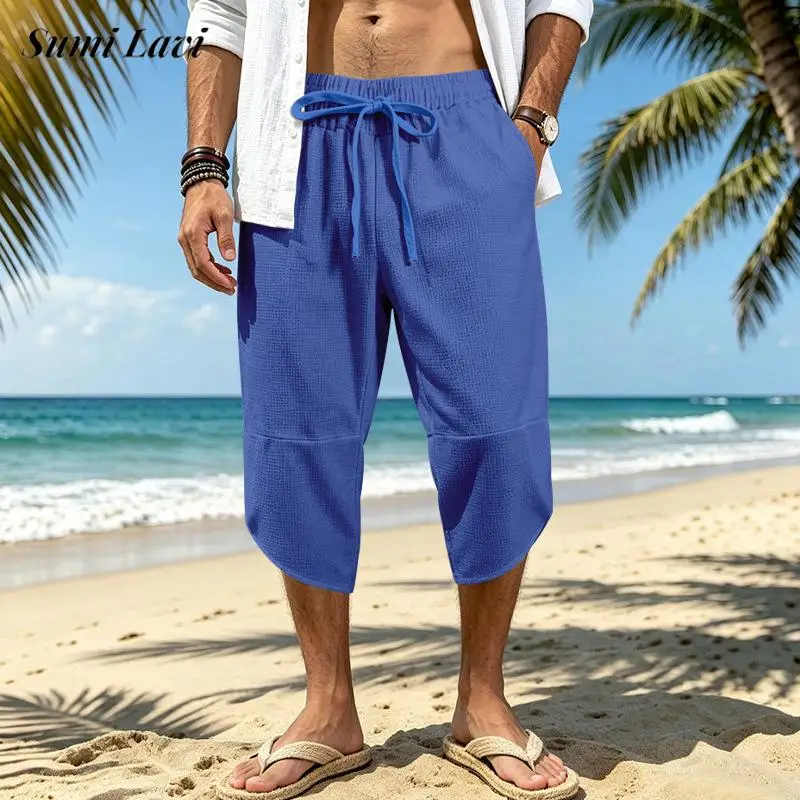 

Daily Leisure Loose Straight Shorts Mens Summer Casual Waffle Plaid Solid Color Knee-length Bottoms Men Vacation Fashion Shorts