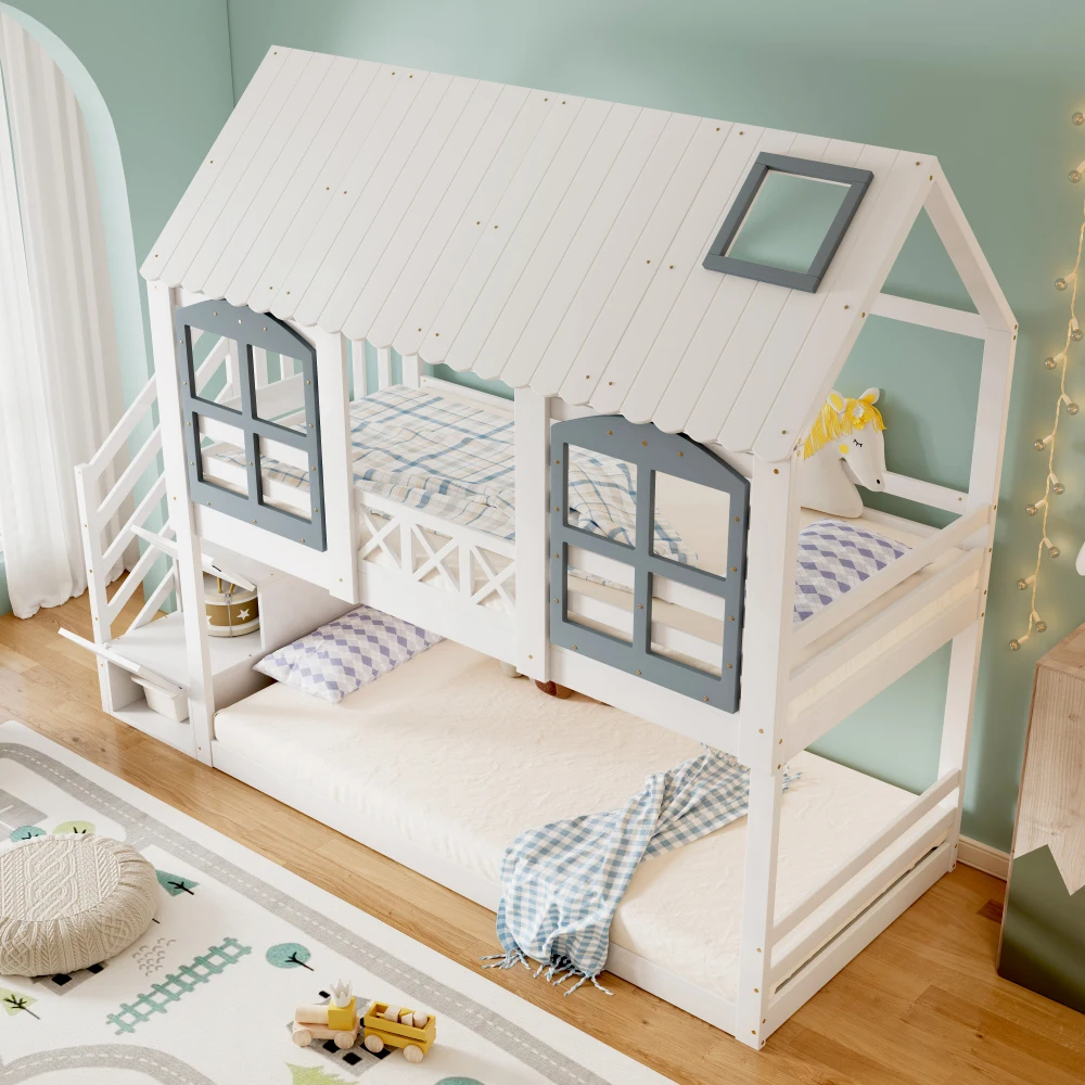 PINGGO Weißgraues Etagenbett 90x200cm mit Dachfenster, Leiter, Fallschirmgitter und 3 Staufächern aus Kiefern-MDF, ohne Matratze – Detail 6