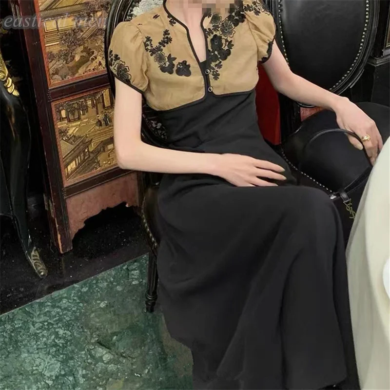 Sexy Spaghetti Strap Chinese Style Dress Black 2PCS Qipao Suit Women Embroidery Cape Cheongsam Elegant Vintage Improved Vestidos