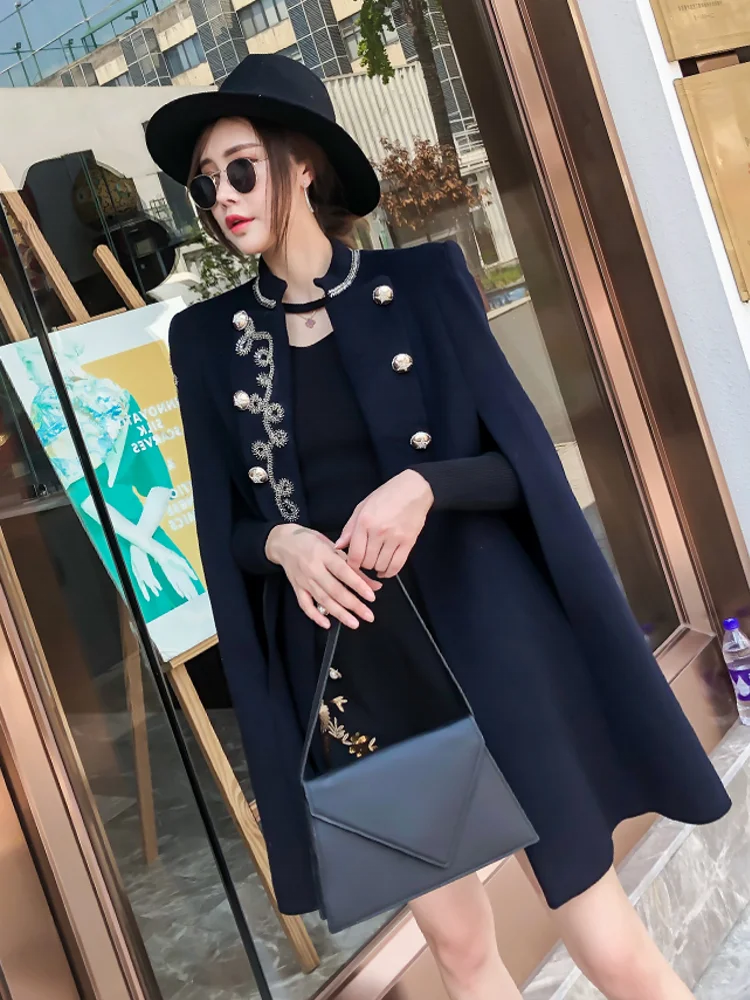 Women Double Breasted Embroidery Long Woolen Blends Coat Stand Collar White Cloak Jacket Autumn Winter Outwear Overcoat Mantle