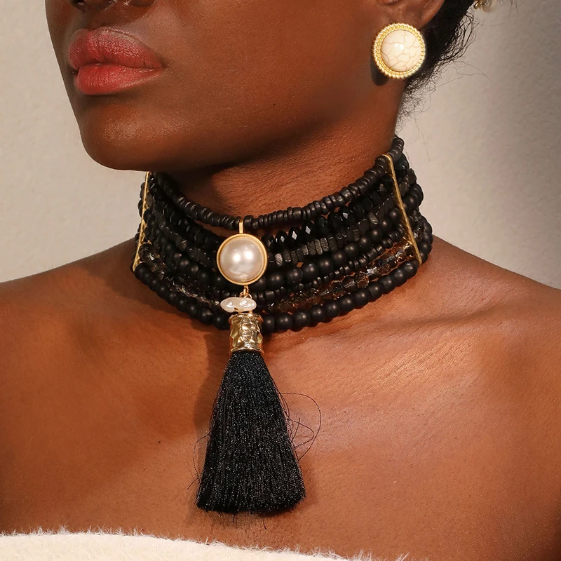 Aussage Vintage Perlen Halsband Halskette & Ohrringe Quasten Design Frauen Trendy Hochzeit Party Schmuck