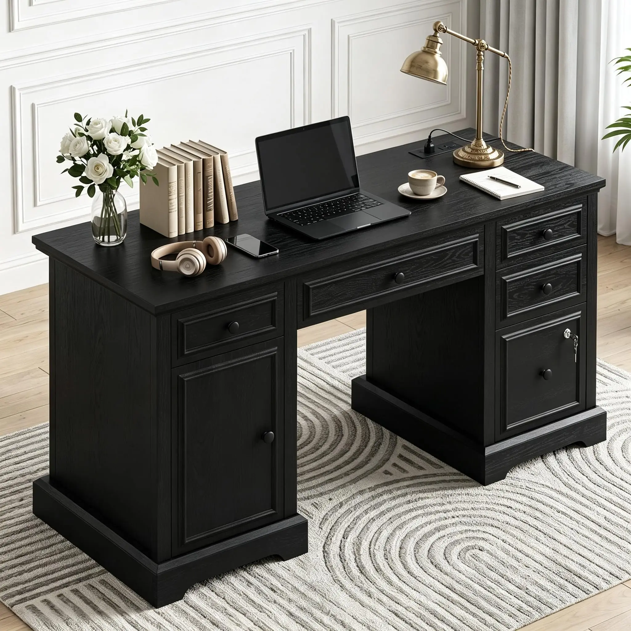 59" Farmhouse Executive Office Desk with Drawers Lock File Cabinet