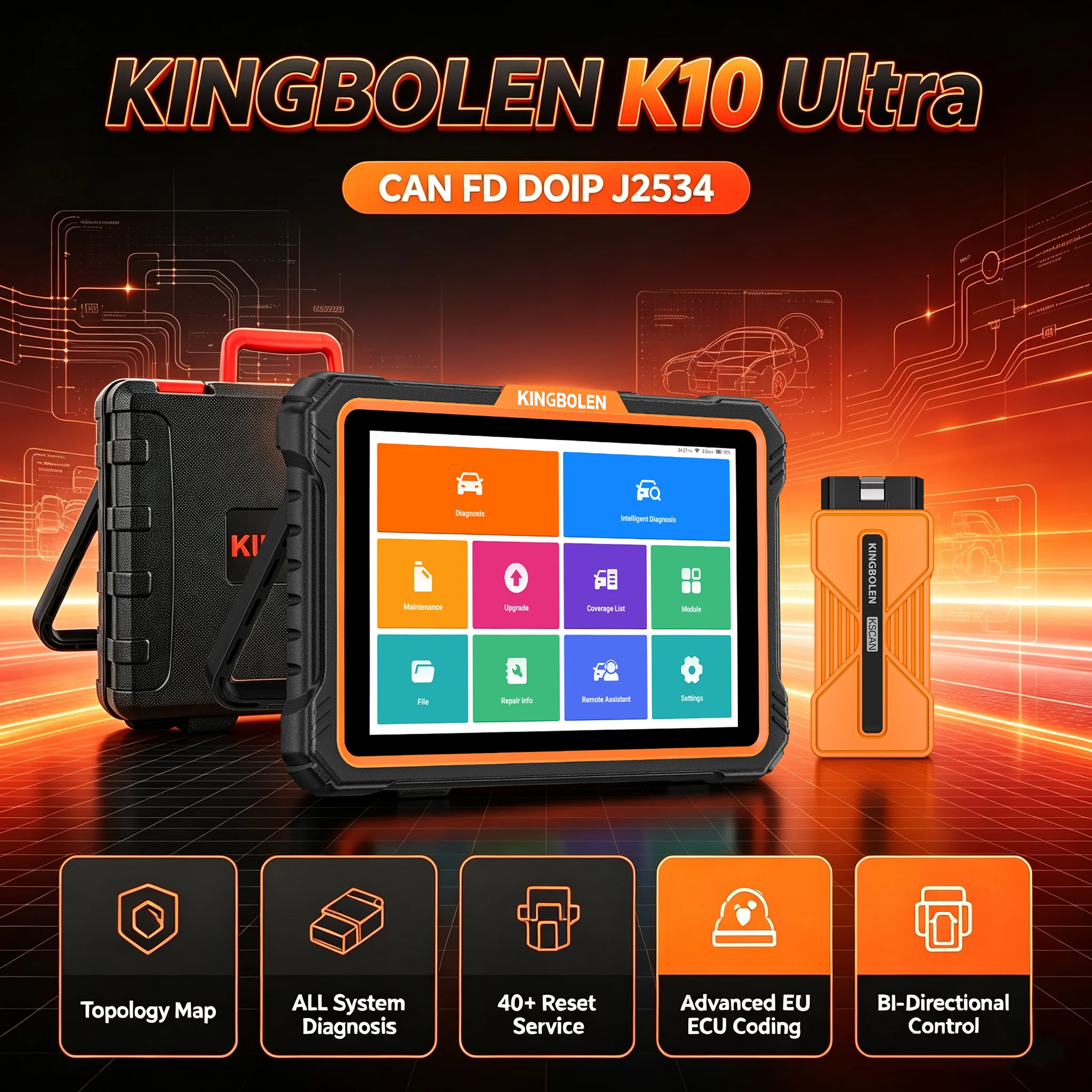 KINGBOLEN K10 Ultra 10" Android 10 Scanner, GVCI J2534 CAN FD DoIP, Vollsystemdiagnose, 41+ Resets, ECU-Codierung, VAG Guide, Topologie, Bidirektional, 128GB, Bluetooth 5.1, 12600mAh