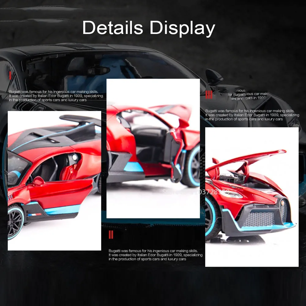 1:32 Scale DIVO CHIRON Supercar Model Toys Metal Diecast Sports Cars Sound Light Doors Opened Pull Back Toy Models for Kids Gift