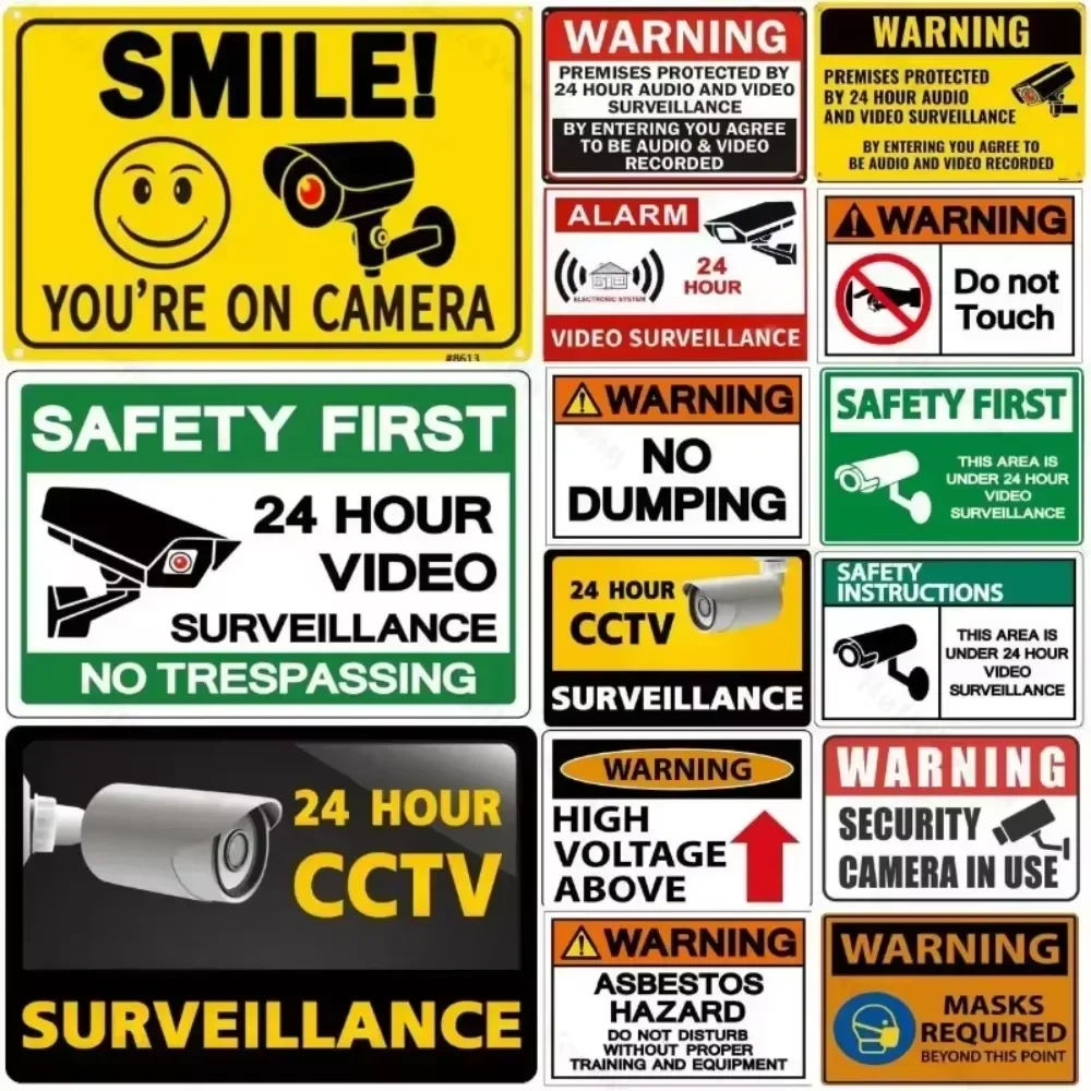 CIFBUY CCTV Video Surveillance Metal Sign Set Alarma Conectada Biological Hazard No Trespassing Warning Tin Poster Home Garage