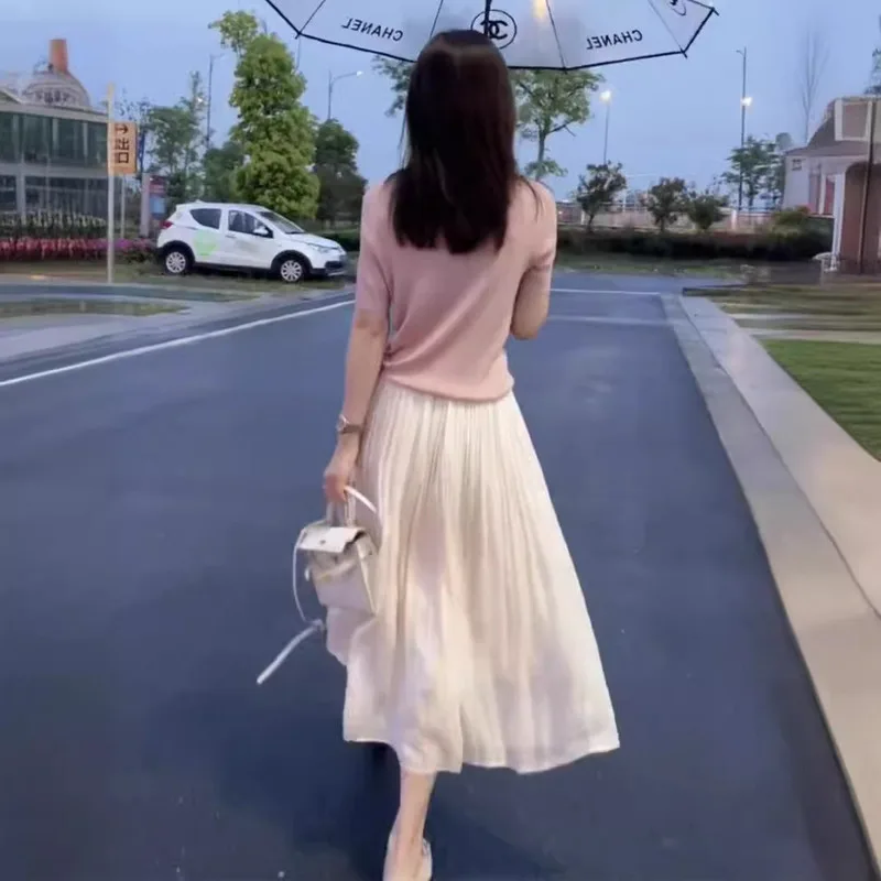 

High Waist Pearl Luminous Flowing Chiffon Skirt Set With Drawstring Knit T-Shirt Summer New A Line Flared Skirt Two Piece Outfit