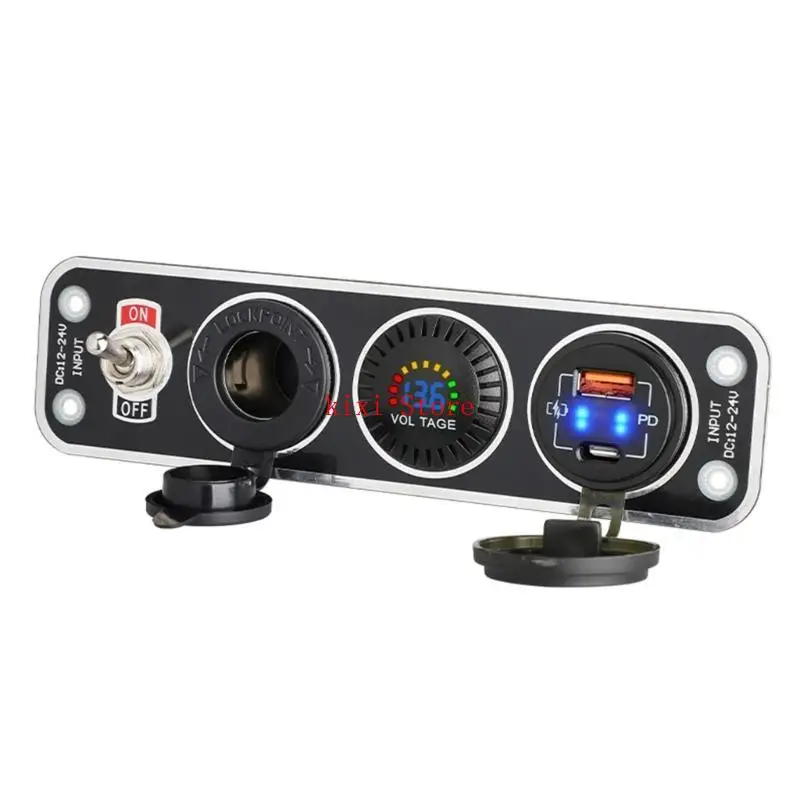 USB+Type-C Socket 12V 24V PD QC3.0 18W Power Socket for Marine Truck Vehicles with Voltmeter On Off Button Wire