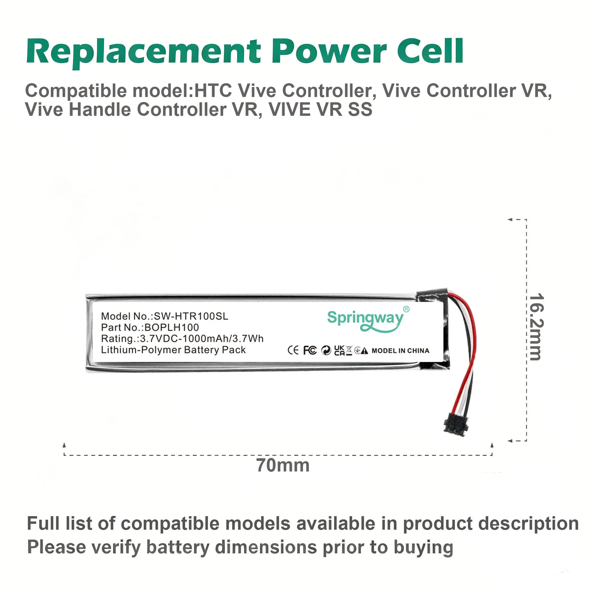 VR Battery  BOPLH100, 35H00244-00M for HTC Vive Handle Controller VR, SS 3.7V/1000mAh