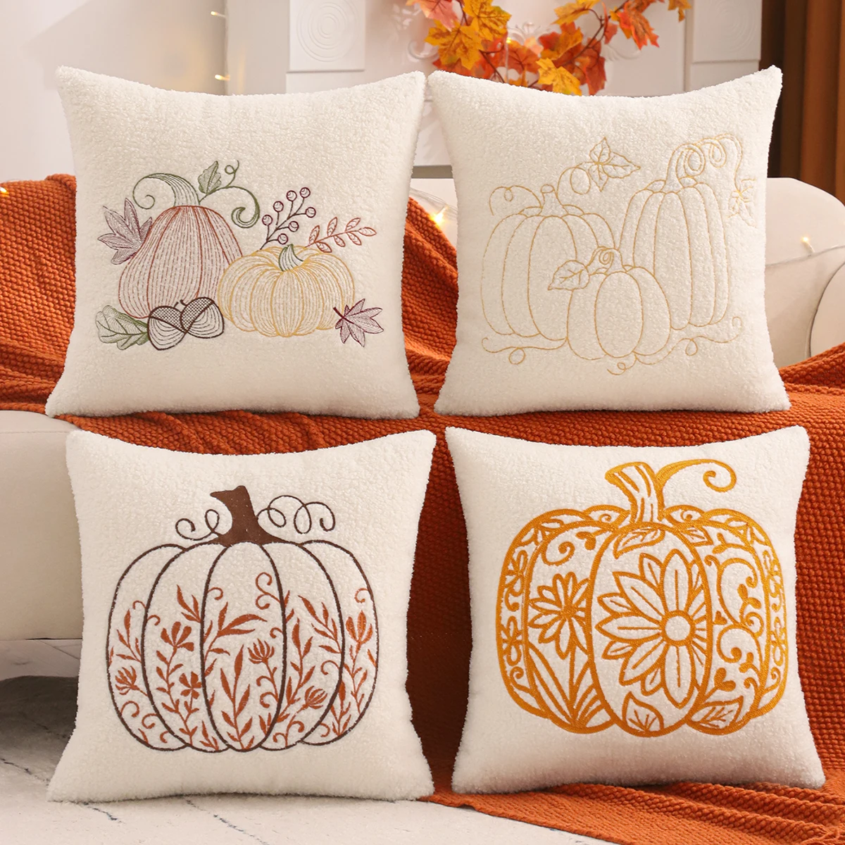 1 PC Halloween Decoration Throw Pillow Cover Pumpkin Embroidery Teddy Plush Autumn Thanksgiving Harvest Home Living Room