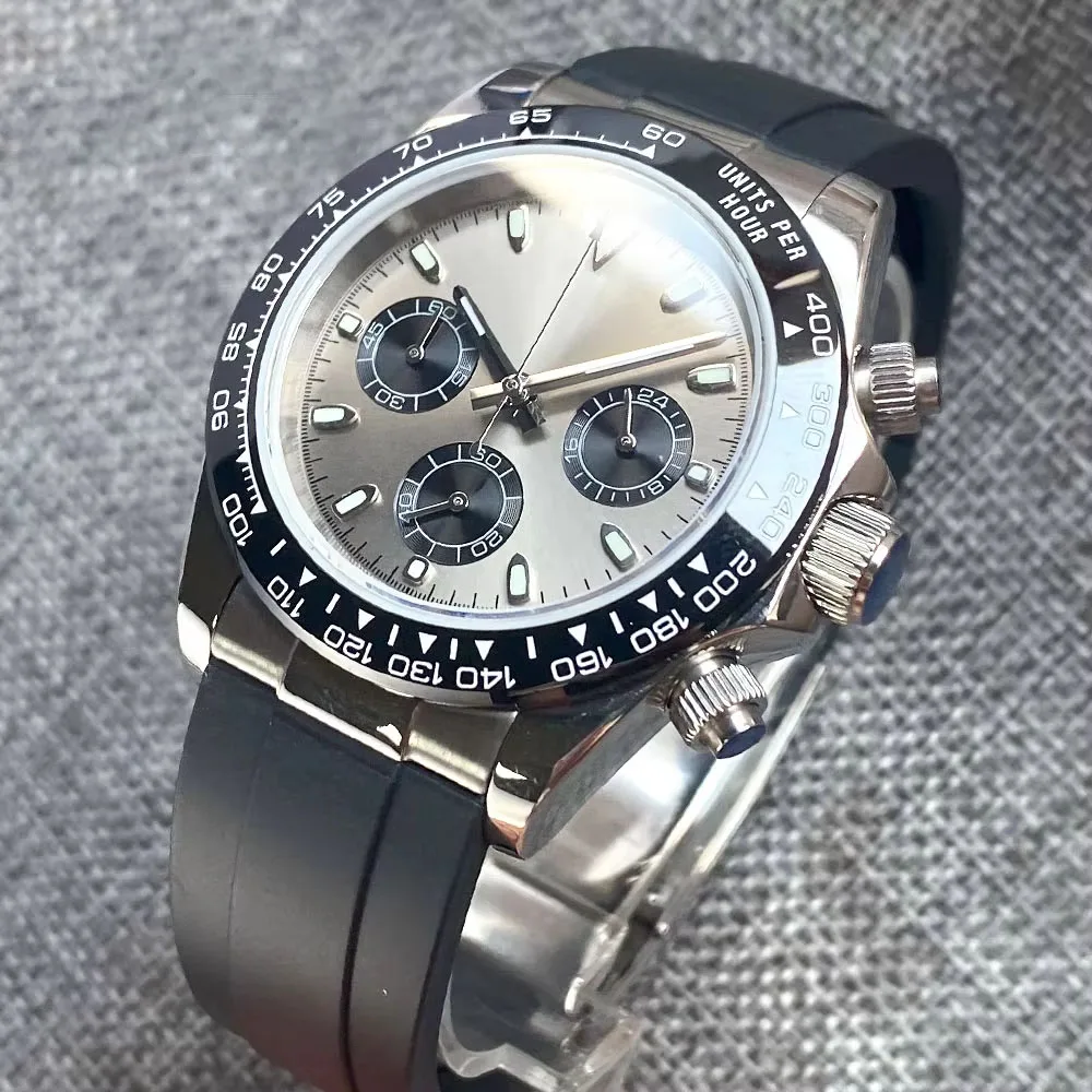 

39mm Quartz Chronograph Fashion Sapphire Glass Watch Men VK63 Movement Grey White Black Dial Stainless Steel Polished