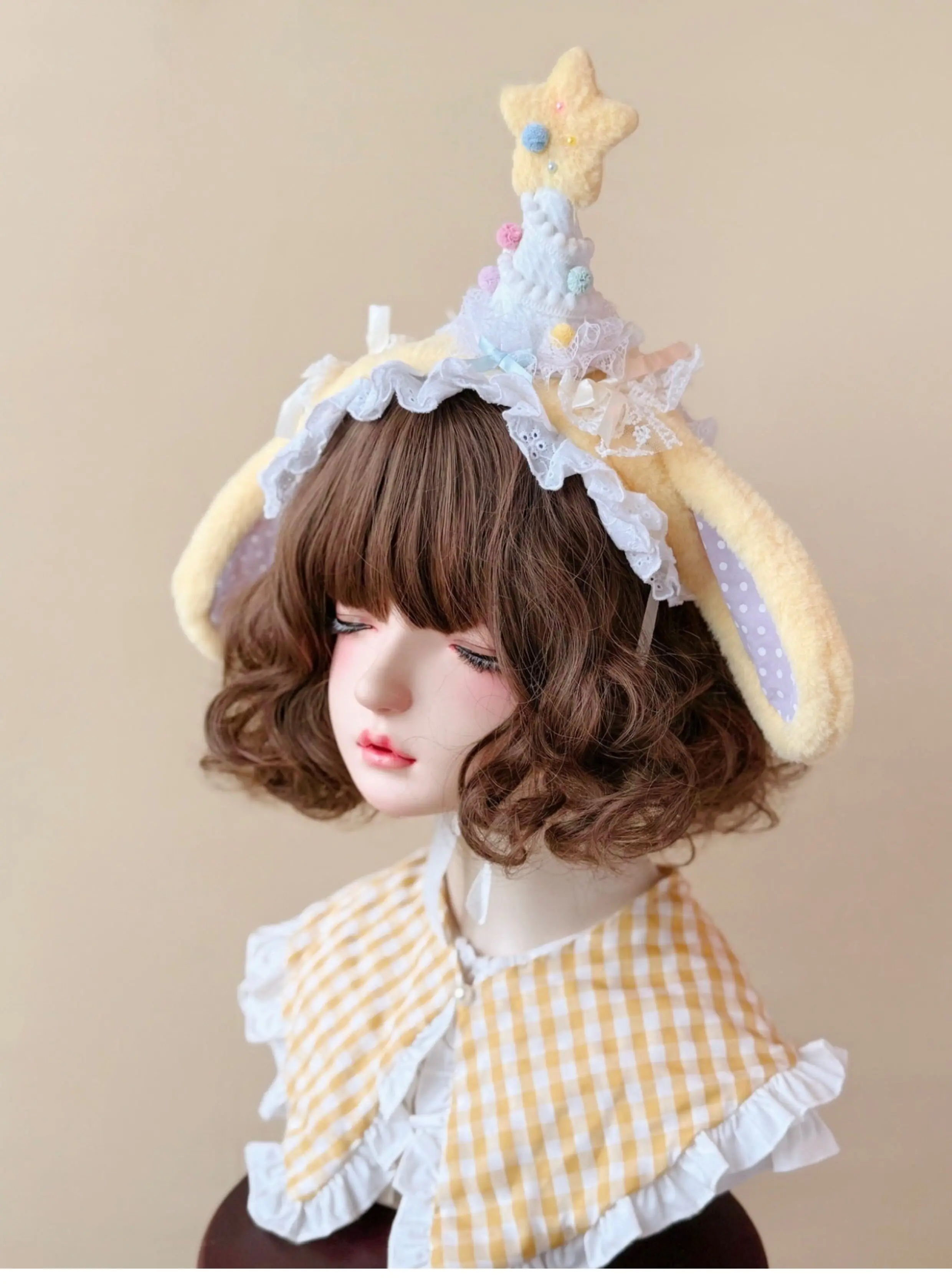 Original Handmade Star Pom-pom Pointed Top Hat Lop-eared Rabbit Headband Beast Ear Lolita Plush Kc