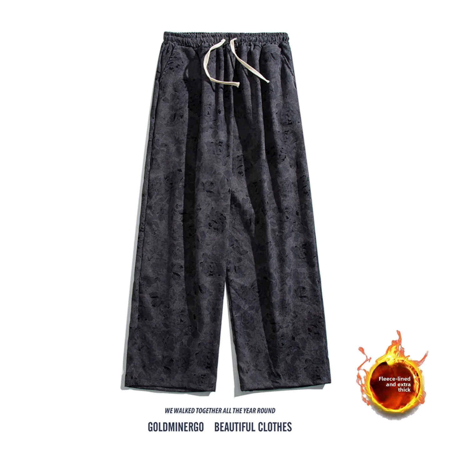 Thickened Fleece Wide Leg Pants Men's Oversize Casual Straight Cut Dyeing Drawstring Long Trousers Autumn Winter Fashion