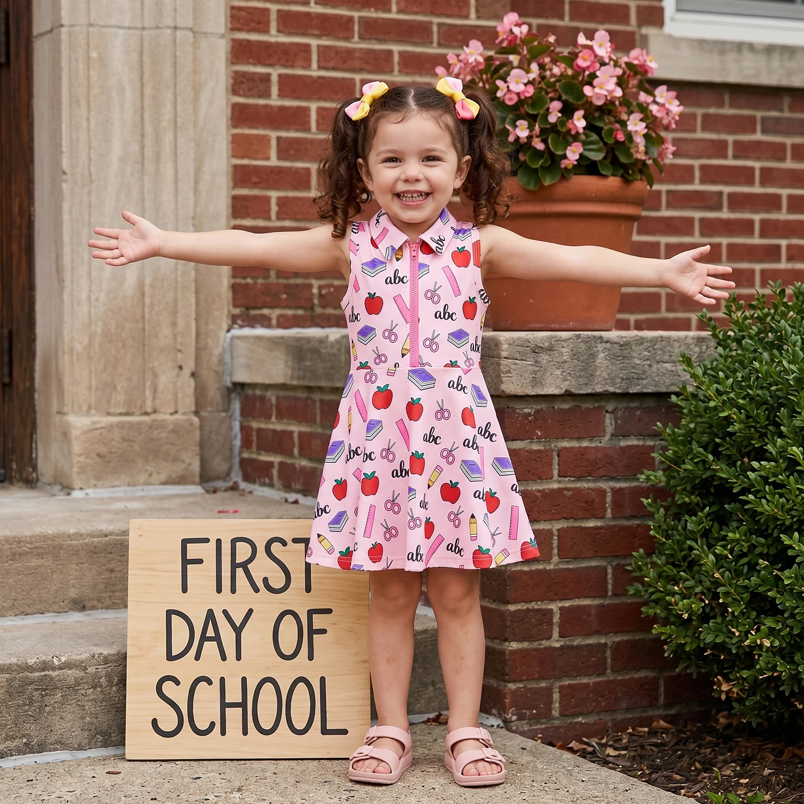 2-7Y TGirls Back to School Dress Sleeveless Lapel Collar Pencil Apple Book Print Half Zipper A Line Tank Dresses
