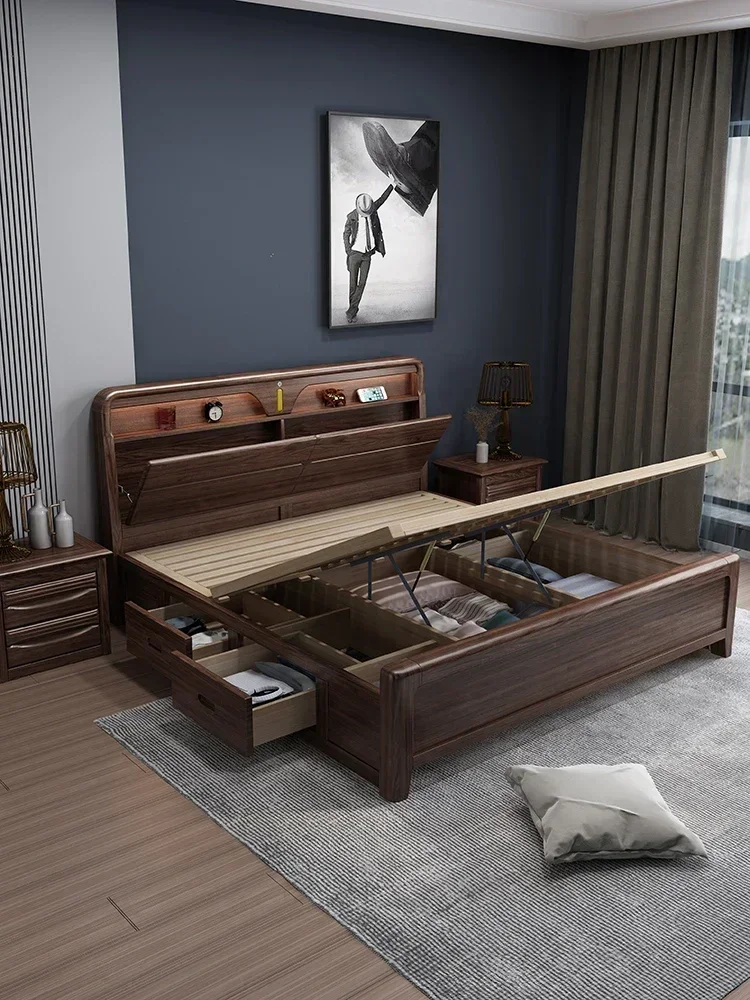 Walnut solid wood bed 1.8m master bedroom double bed Chinese modern simple high box air pressure storage home big bed