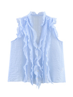 TFMLN Women Ruffled Sleeveless Blouse Fashion Light Blue Tierred Ruffled Summer Tank Tops Vintage V-Neck Female Chic Thin Top