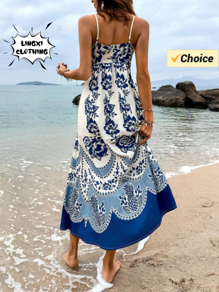 2024 Summer Fashion New Elegant Women\'s Printed Dress Beach Vacation Sling Ethnic Party Women\'s A-line Long Dress