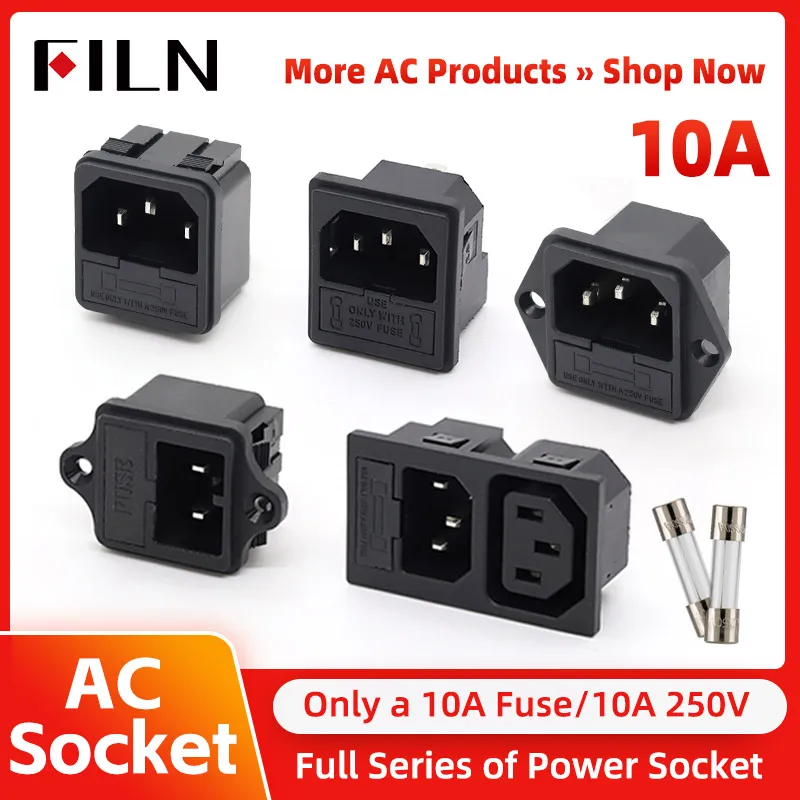 

FILN IEC320 3 Pin Red LED 10A Fuse Female Male Inlet Plug Connector 2 Pin Socket Mount Electrical AC Socket