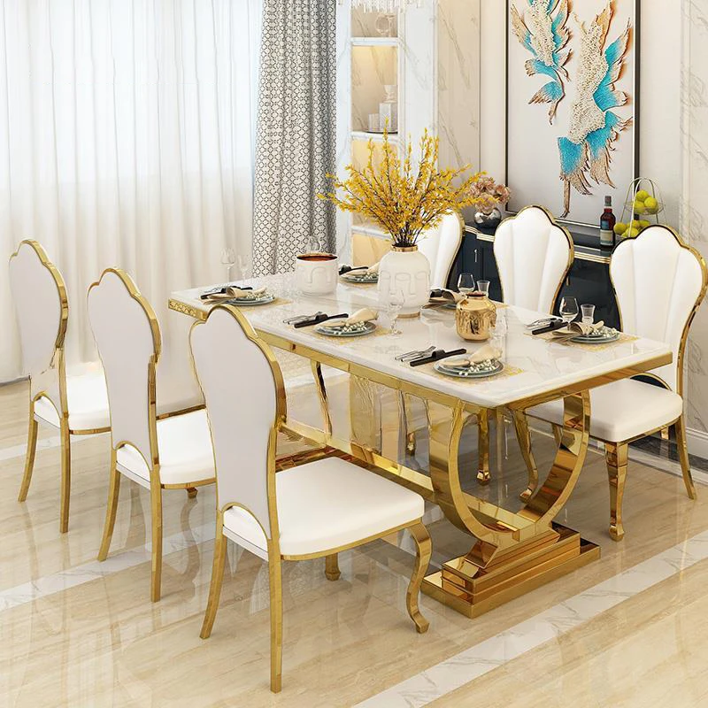 

Light Luxury Kitchen Table With Marble Rectangle Stable Gold Plated Stainless Steel Frame Hotel Dinner Dining Table And Chairs