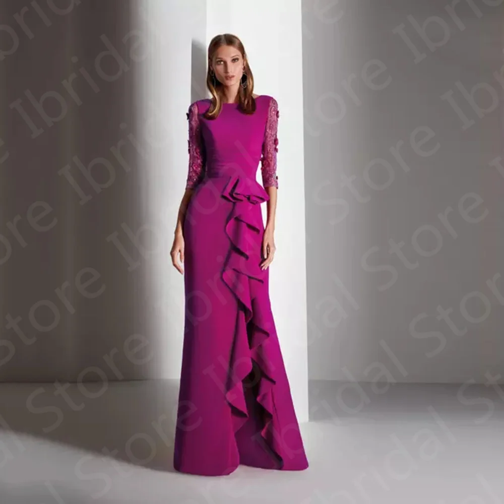 Graceful Magenta Meerjungfrau Mutter der Braut Kleider 3/4 Ärmeln Mutter Kleid O Neck Hochzeit Gast Kleider Rüschen Rock Perlen