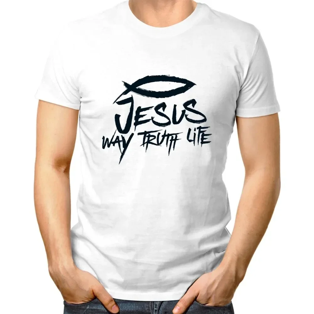T-shirt Chrétien Jésus-Christ Voie Vérité Vie Poisson Bible Blanc Homme Mode Manches Courtes Col Rond Coton Personnalisable