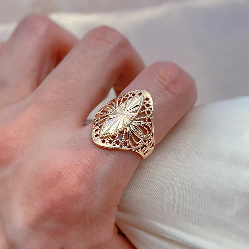 Kinel Fashion Creative Carving Glossy Rings for Women Unusual 585 Rose Gold Color Ethnic Bride Vintage Wedding Jewelry