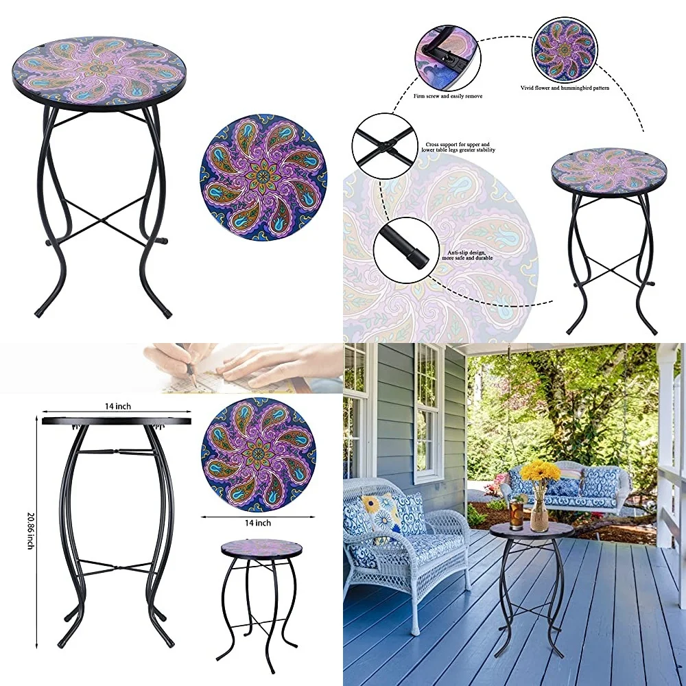 Café TablesPurple Glass Mosaic Outdoor Side Table for Patio and Garden Decor