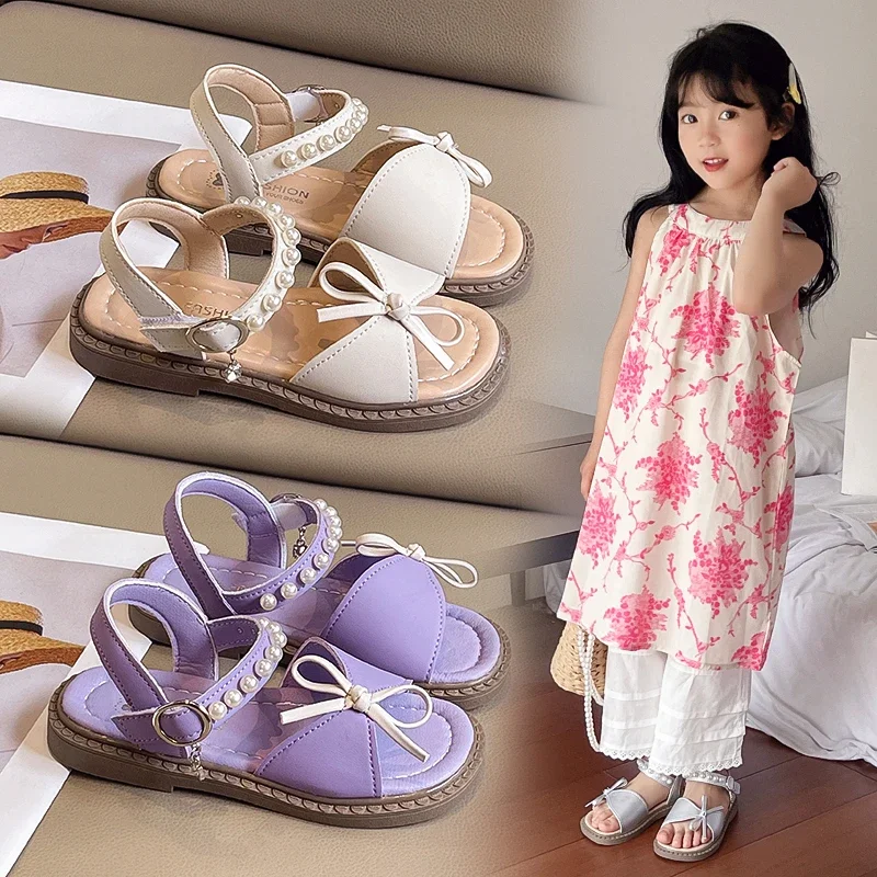 

Новинка лета 2023, детские сандалии для девочек, модная нескользящая универсальная пляжная обувь принцессы с мягкой подошвой в корейском стиле и галстуком-бабочкой