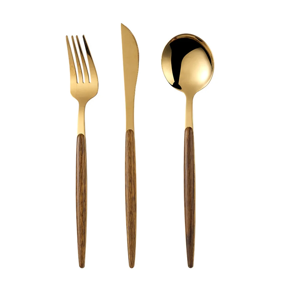

Golden Knife Fork Spoon Set Stainless Steel Wood Smooth Surface Easy Clean Modern Handle Kitchen Cutlery Travel Camping Picnic