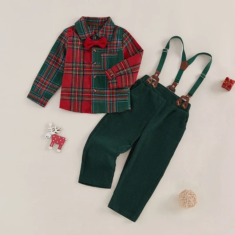 Boy Gentleman Christmas Outfit Plaid Print Button Long Sleeves Shirt and Suspender Pants Set Xmas Children\'s Clothing