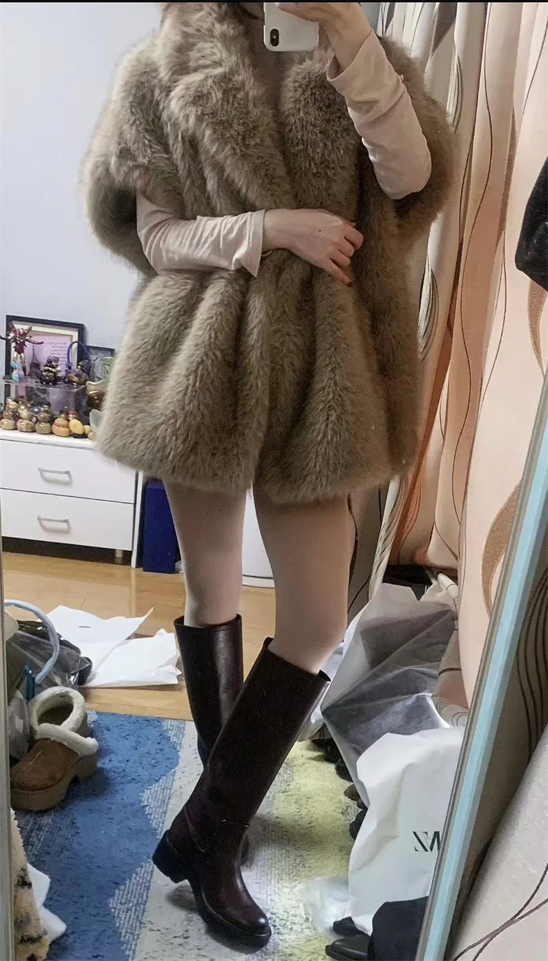 Guobioziy 2026 Women's Fall/Winter New Jacket Brown Faux Fur Loose Warm Vest Jacket Elegant and Luxurious