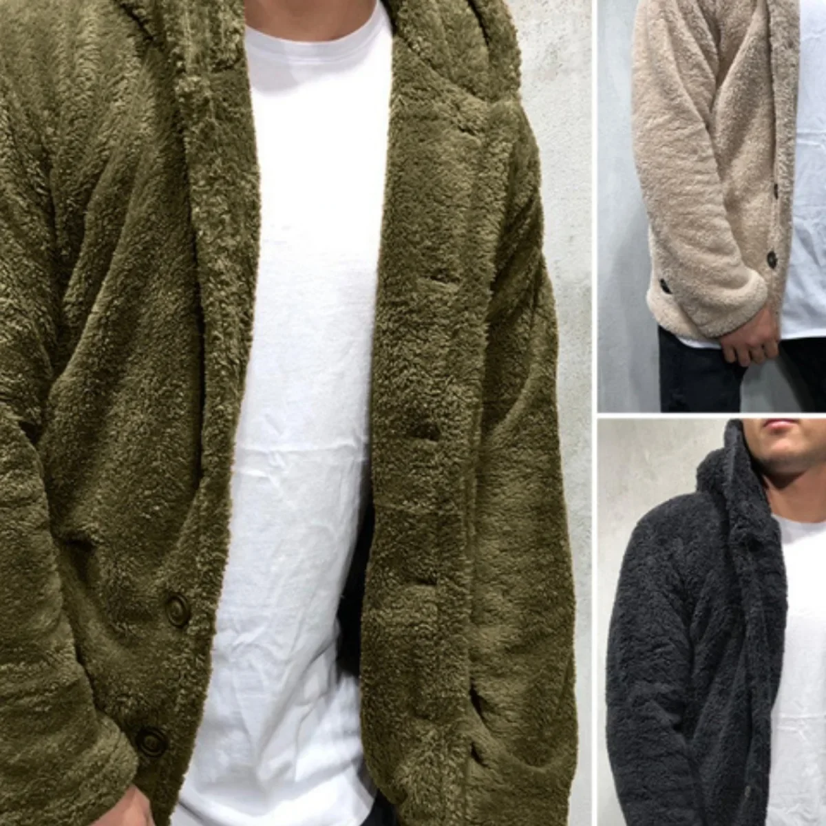 

Pure Color Casual Slim Fit Youth Fashion Rabbit Fur Men's Warm Hoodie Sweater Winter Plush Coat Jacket Thin Corduroy