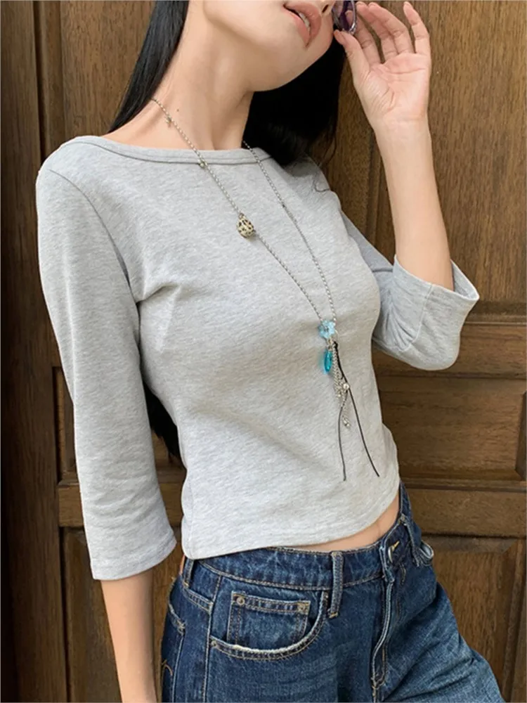 بسيطة ثلاثة أرباع كم تي شيرت امرأة الخريف الصلبة الأساسية مائل الرقبة القطن سليم المحاصيل الأعلى الإناث عادية كل مباراة تي شيرت