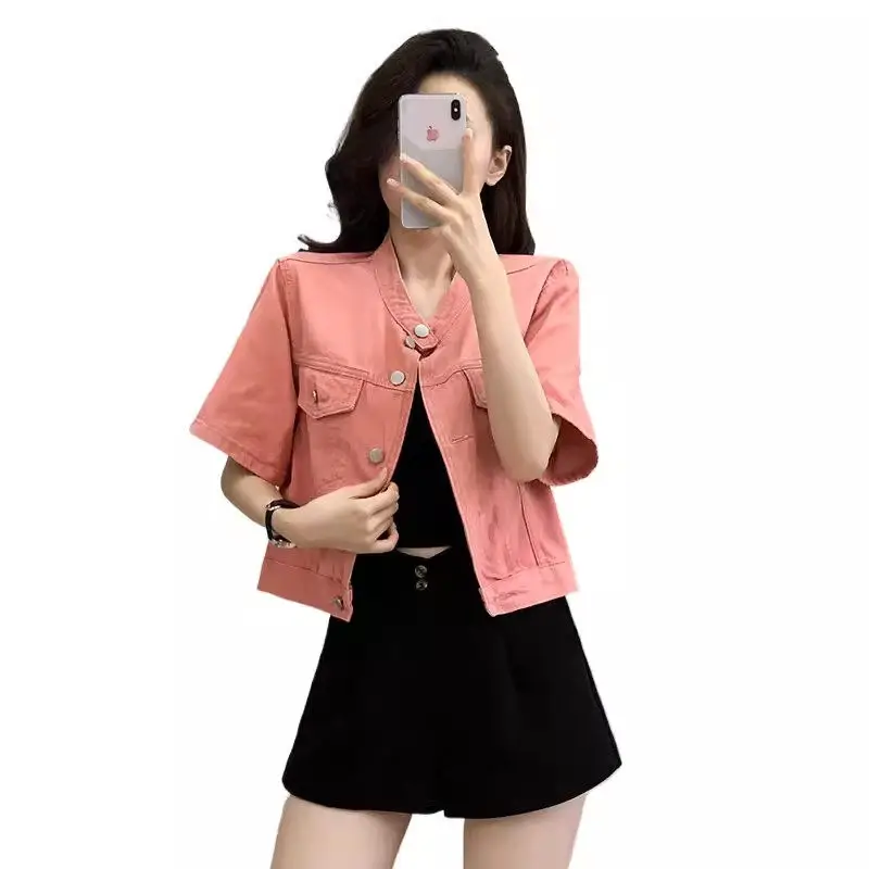 Chaqueta de mezclilla rosa de manga corta, abrigo holgado con cuello de solapa, informal, versión coreana, estilo corto, Top, K1842