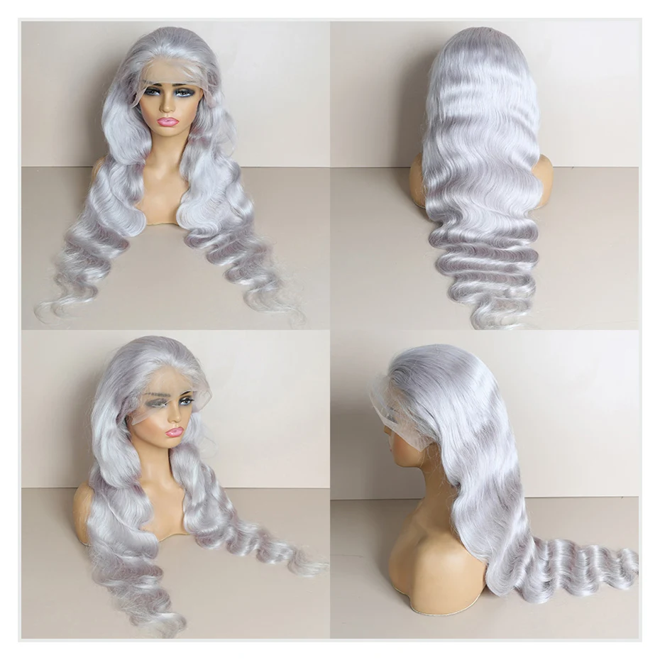 40 بوصة فضي رمادي اللون الجسم موجة الدانتيل الجبهة خصلات الشعر المستعار الإنسان 13x6 HD شفافة 613 الدانتيل الباروكات الأمامية للنساء قبل قطعها