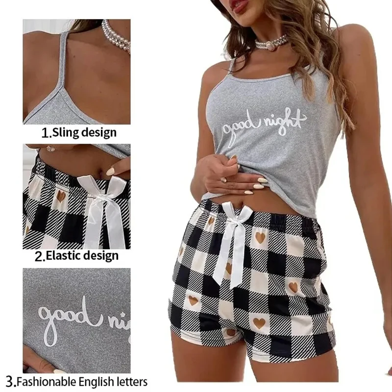 Damen-Pyjama, Sommer, sexy Camisole-Set, Damen-Pyjama-Set mit bedrucktem Buchstaben-Oberteil, gepaart mit karierten bedruckten Shorts, Heim-Pyjama-Set – Detail 5