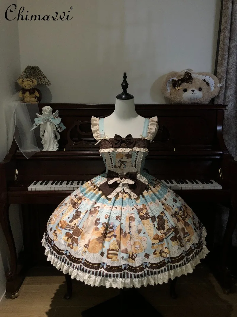 

Original Lolita Dress Spring Summer New Sweet Cartoon Print Bow High Waist Vintage JSK Cute Girls Women's Elegant LO Dress
