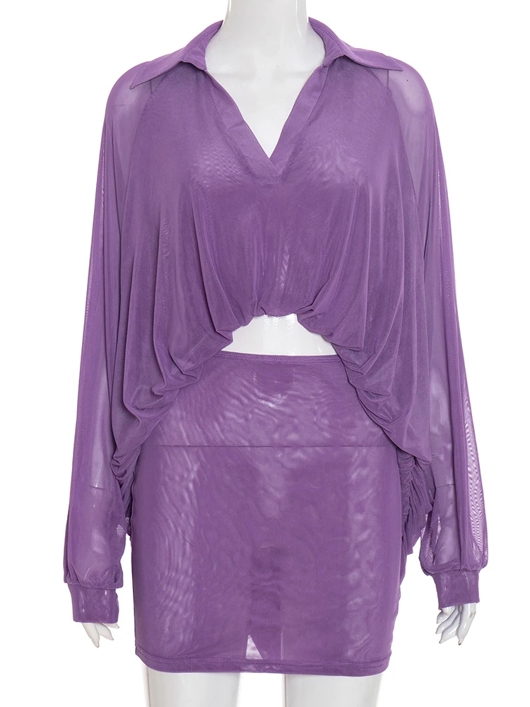 Nibber بسيط شبكة 2 قطعة مجموعة النساء التلبيب غير النظامية الشباك حافة الخامس الرقبة قميص + الخوخ الورك تنورة مطابقة ملابس عادية سليم #6